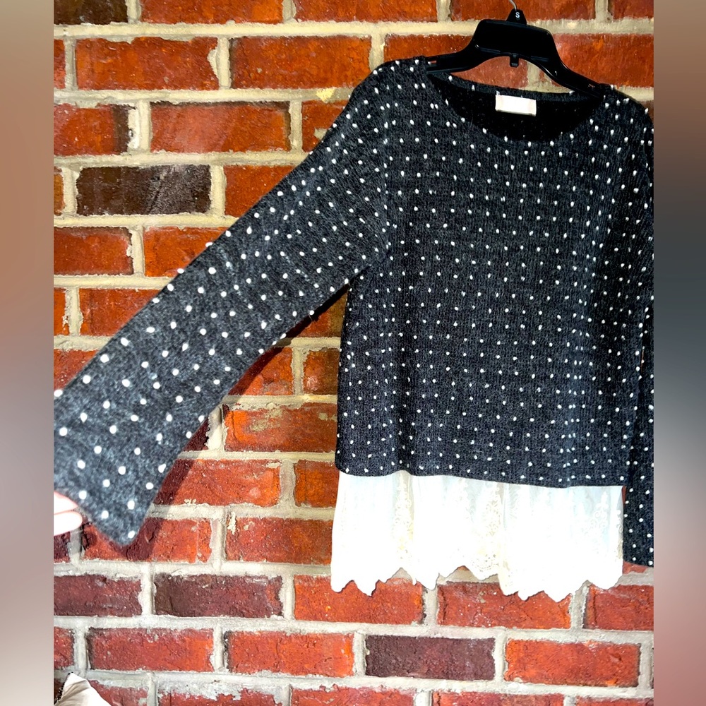 Altar’d State dark blue/ grey polka dot sweater with cream lace at the bottom